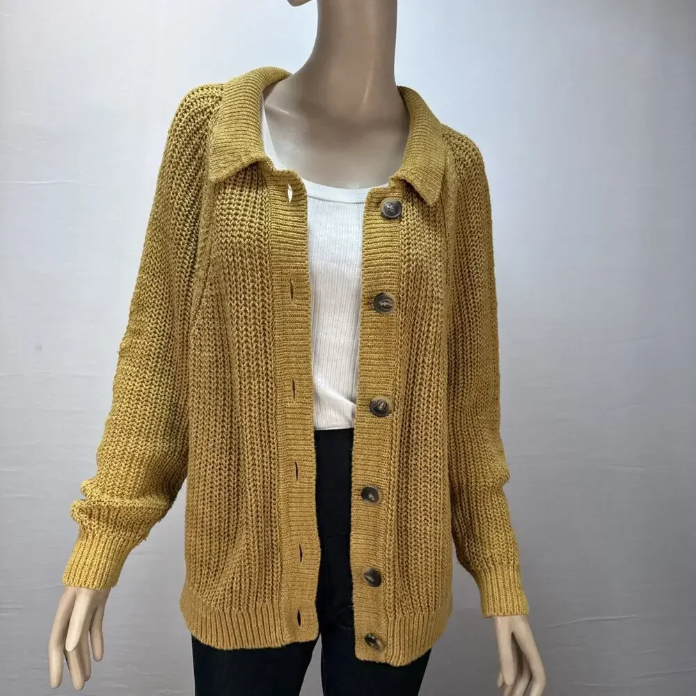 Garnet Hill Maren Button Cardigan Sweater Size L Brass Gold Linen Organic Cotton